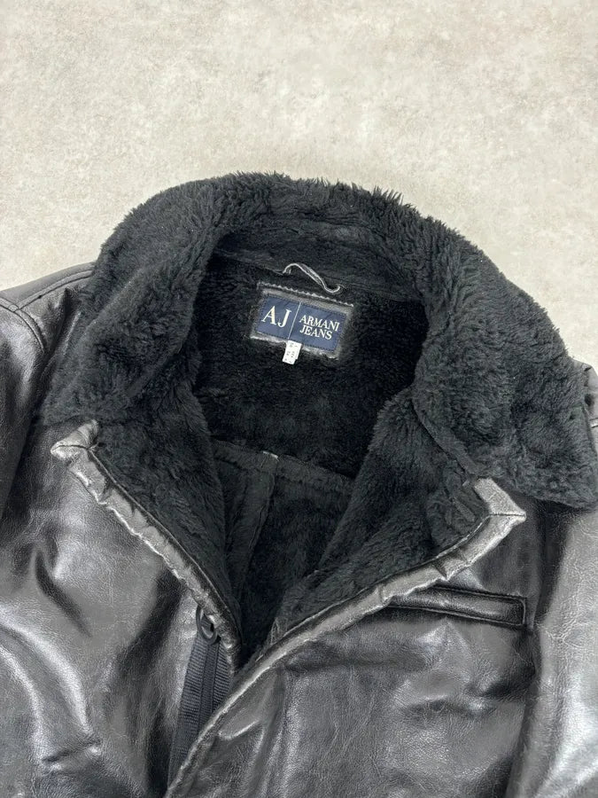 2000s Armani Black Faux Leather Fur Collar Jacket lFukdem 7