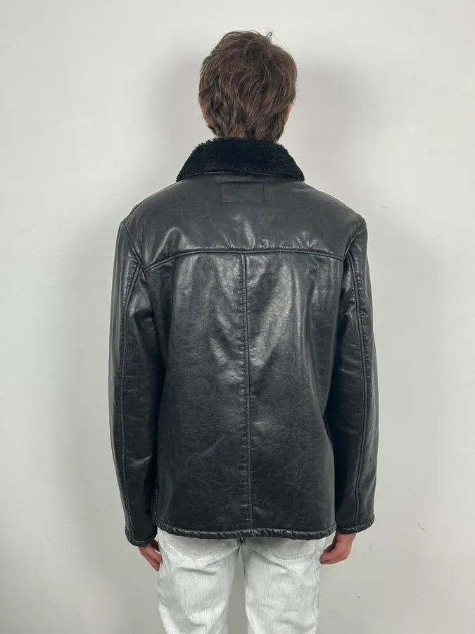 2000s Armani Black Faux Leather Fur Collar Jacket lFukdem 2
