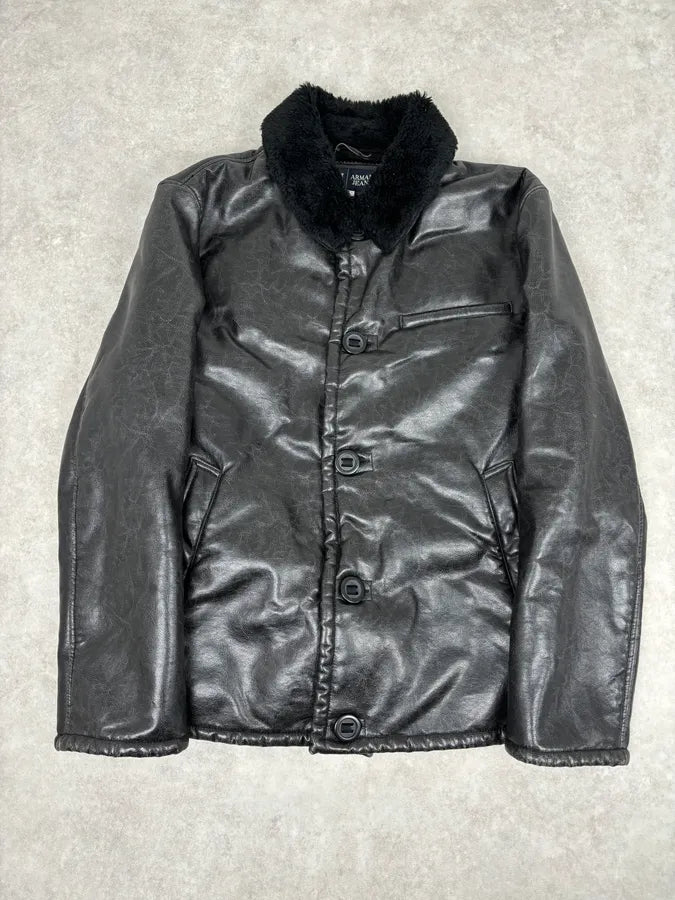 2000s Armani Black Faux Leather Fur Collar Jacket lFukdem 0