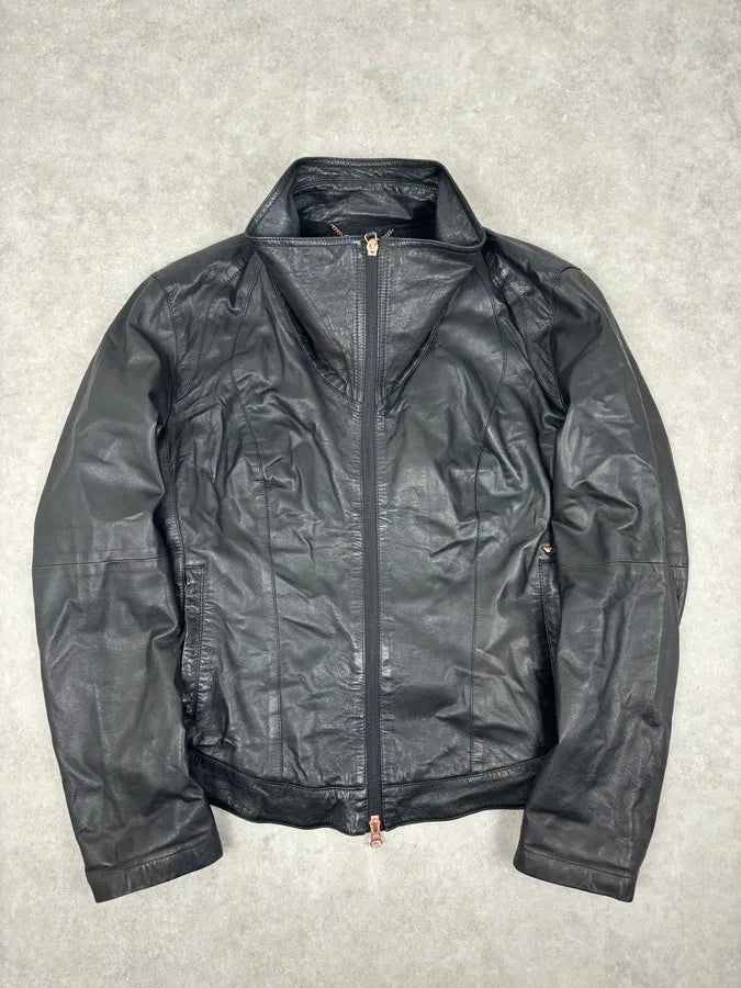 2000s Armani Black High-Neck Avant-Garde Leather Jacket  vGRzeNp 0