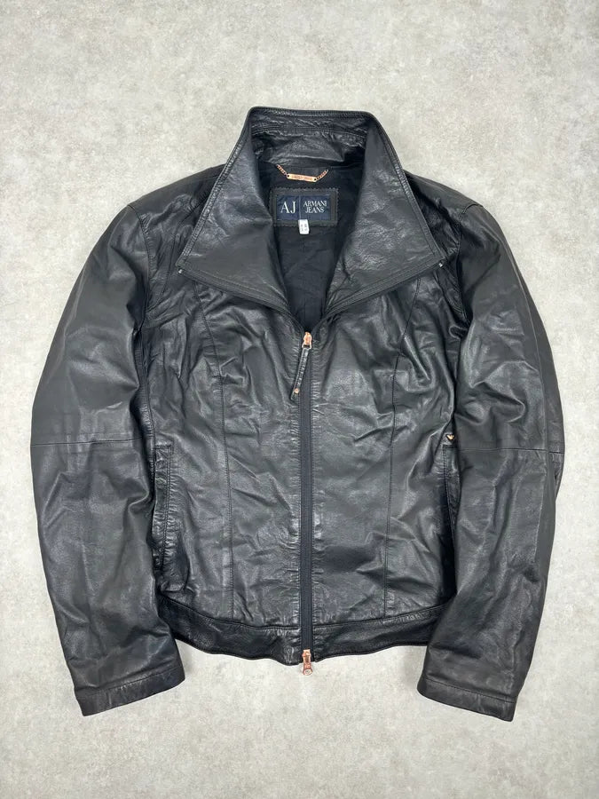2000s Armani Black High-Neck Avant-Garde Leather Jacket  vGRzeNp 4