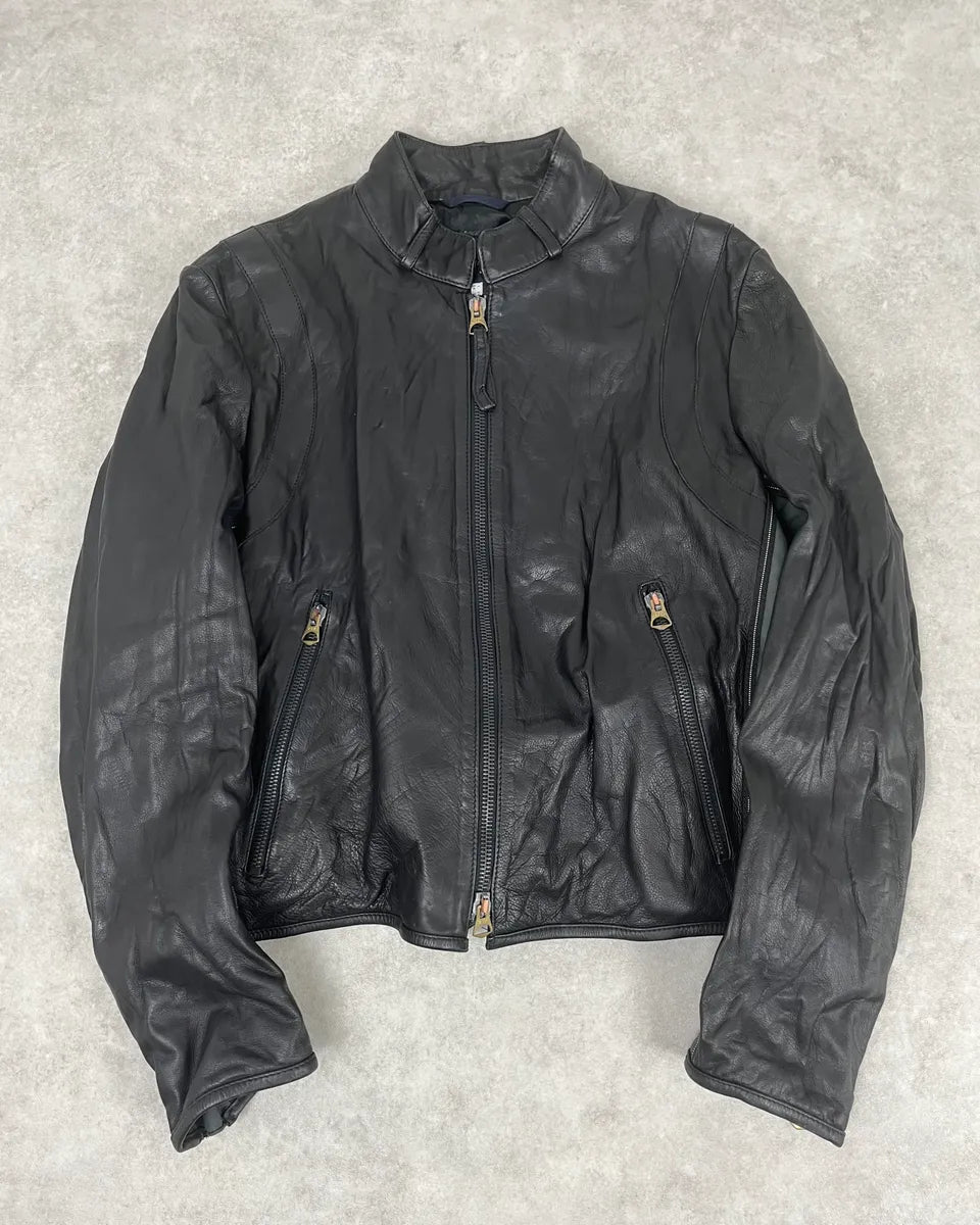 2000s Armani Hybrid Black & Green Leather Biker Jacket FoVDghN 0