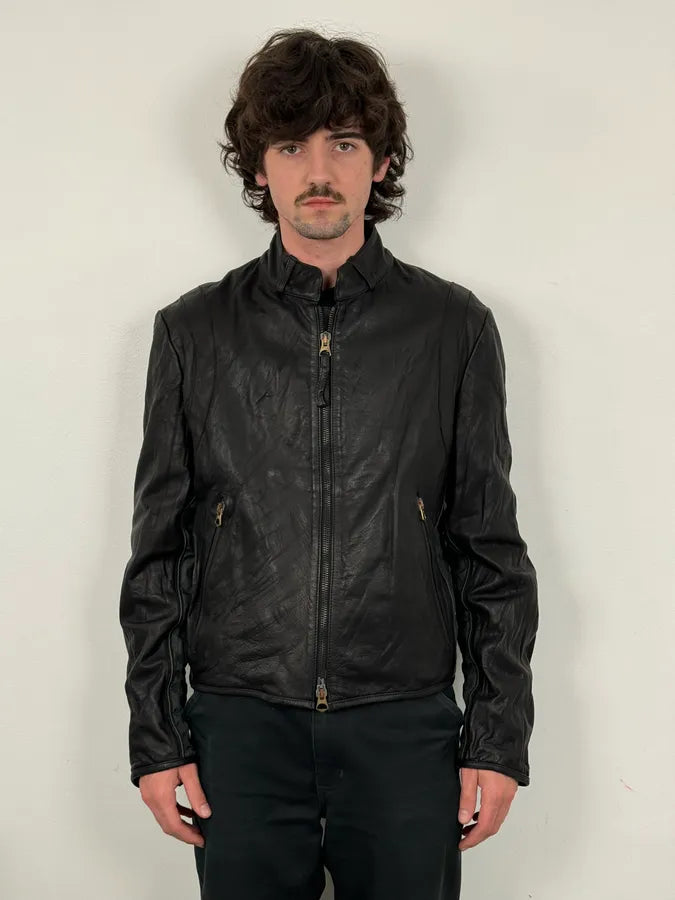 2000s Armani Hybrid Black & Green Leather Biker Jacket FoVDghN 1
