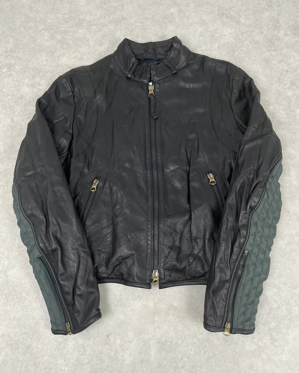2000s Armani Hybrid Black & Green Leather Biker Jacket FoVDghN 3