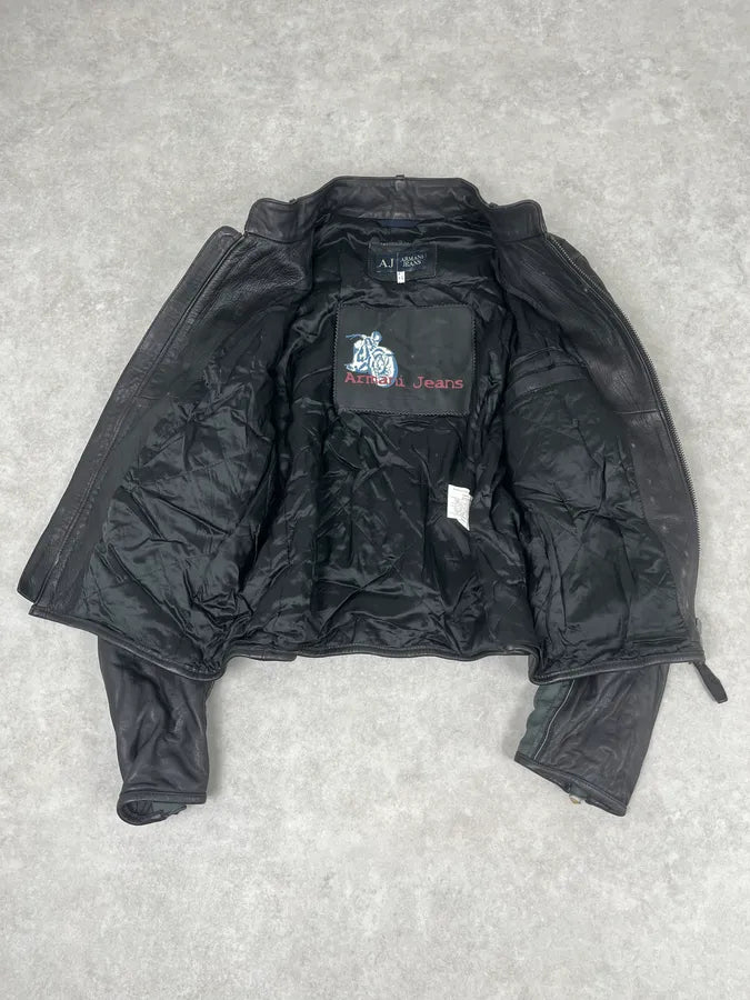 2000s Armani Hybrid Black & Green Leather Biker Jacket FoVDghN 7