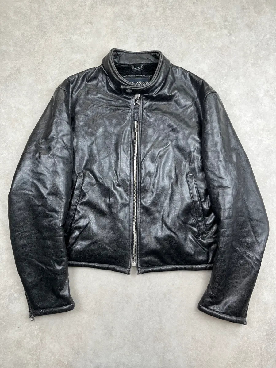 2000s Armani Black Faux Leather Cropped Biker Jacket ikEQfjM 0