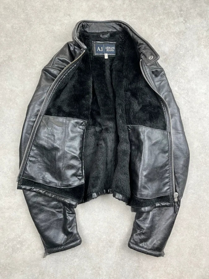 2000s Armani Black Faux Leather Cropped Biker Jacket ikEQfjM 4
