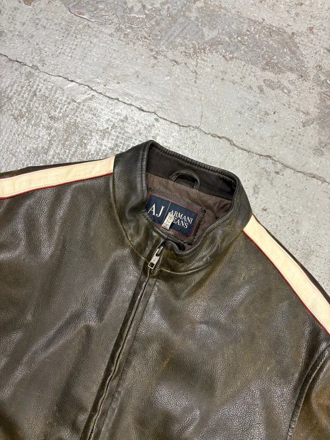 2000s Armani Brown Leather Biker AJ Contrast Stripe Jacket xBNBPqp 3