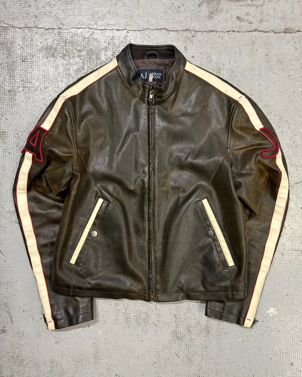 2000s Armani Brown Leather Biker AJ Contrast Stripe Jacket xBNBPqp 0