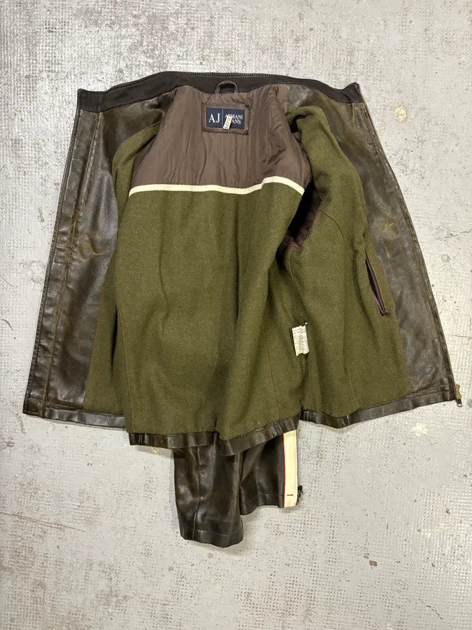 2000s Armani Brown Leather Biker AJ Contrast Stripe Jacket xBNBPqp 6
