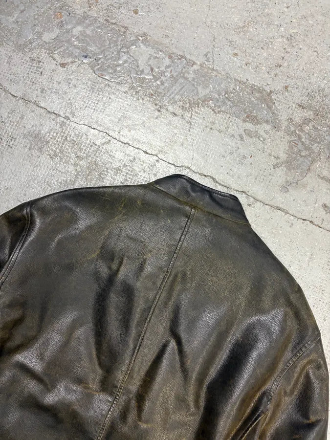 2000s Armani Brown Leather Biker AJ Contrast Stripe Jacket xBNBPqp 5