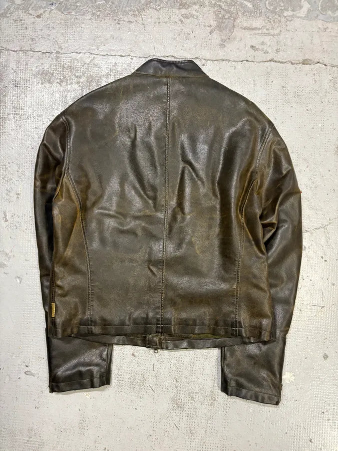 2000s Armani Brown Leather Biker AJ Contrast Stripe Jacket xBNBPqp 4