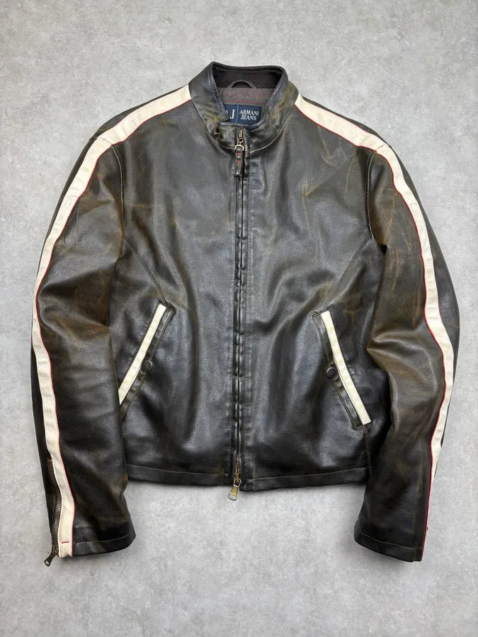 2000s Armani Brown Leather Contrast Stripe Biker Jacket fiGlvbA 0