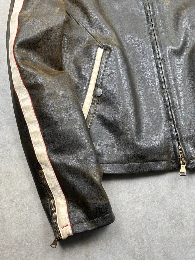 2000s Armani Brown Leather Contrast Stripe Biker Jacket fiGlvbA 7
