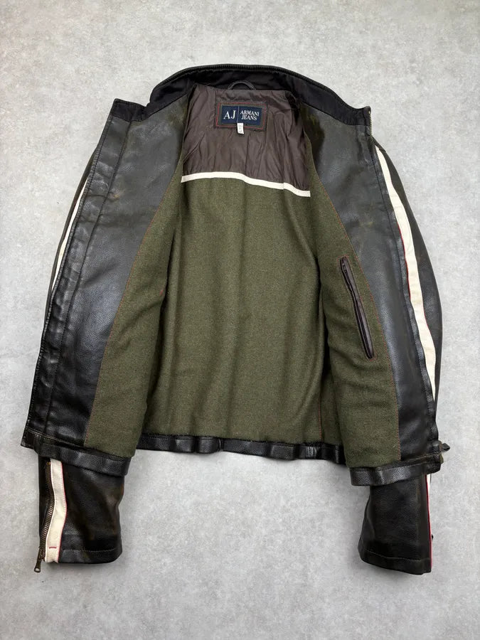 2000s Armani Brown Leather Contrast Stripe Biker Jacket fiGlvbA 6