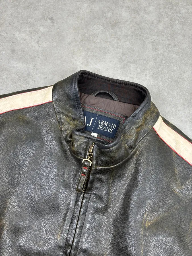 2000s Armani Brown Leather Contrast Stripe Biker Jacket fiGlvbA 3