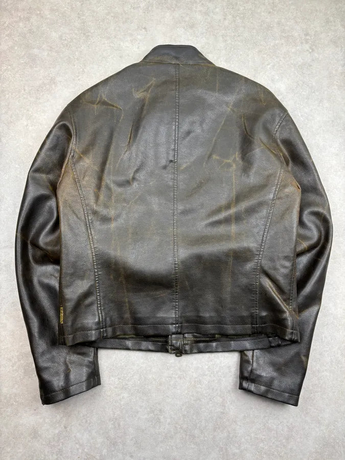 2000s Armani Brown Leather Contrast Stripe Biker Jacket fiGlvbA 4