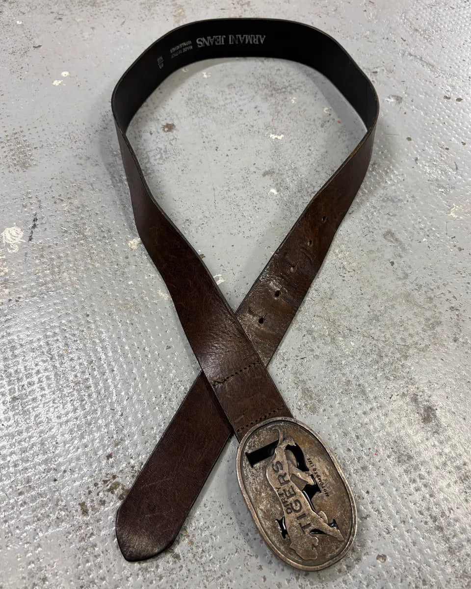 Armani Brown Leather Tigers Buckle Belt ycdCYJm 4