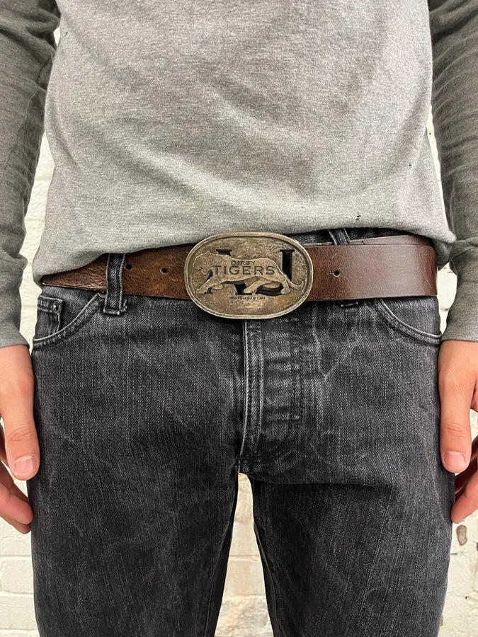 Armani Brown Leather Tigers Buckle Belt ycdCYJm 0