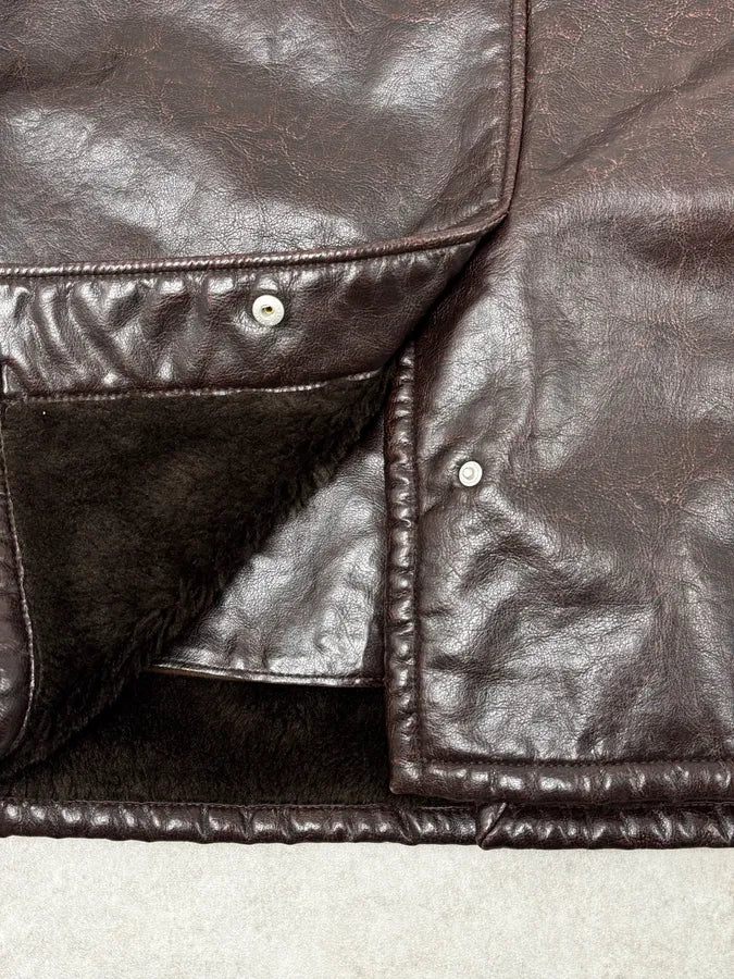 Armani Brown Shearling Collar Faux Leather Buttoned Jacket RBBDHji 7
