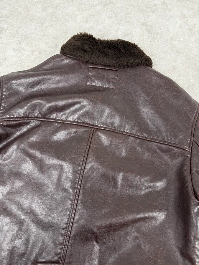 Armani Brown Shearling Collar Faux Leather Buttoned Jacket RBBDHji 5