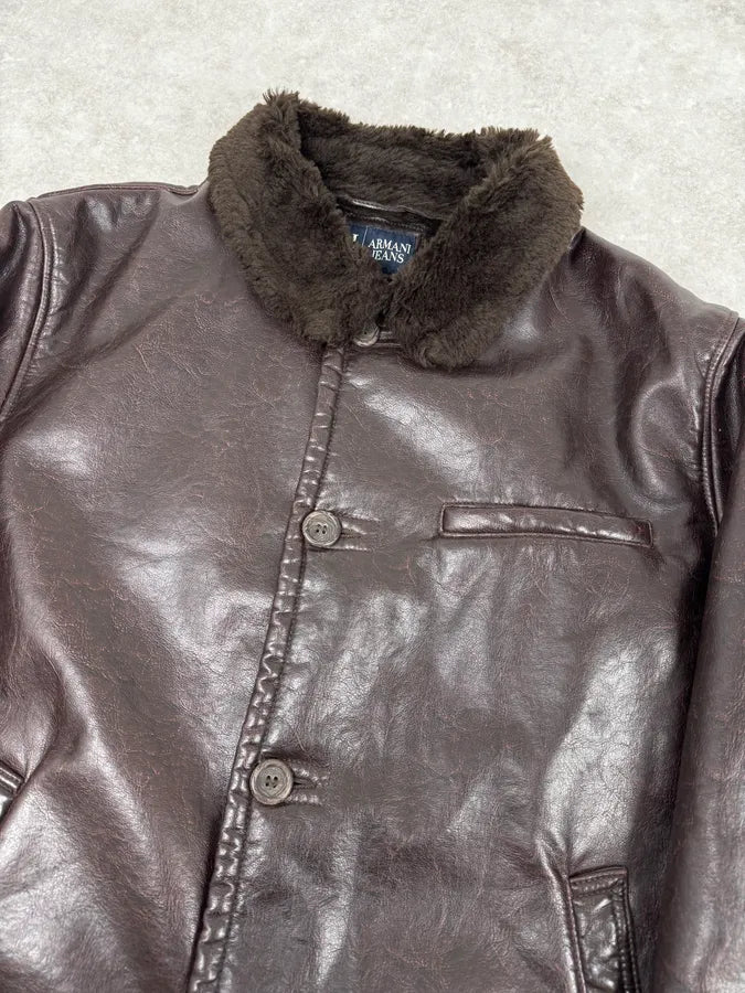 Armani Brown Shearling Collar Faux Leather Buttoned Jacket RBBDHji 4