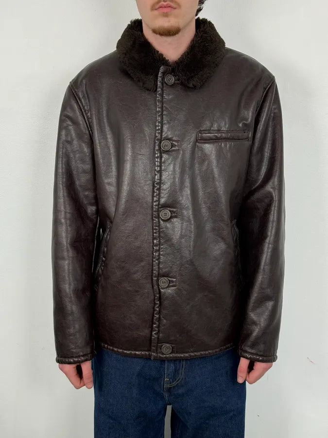 Armani Brown Shearling Collar Faux Leather Buttoned Jacket RBBDHji 1