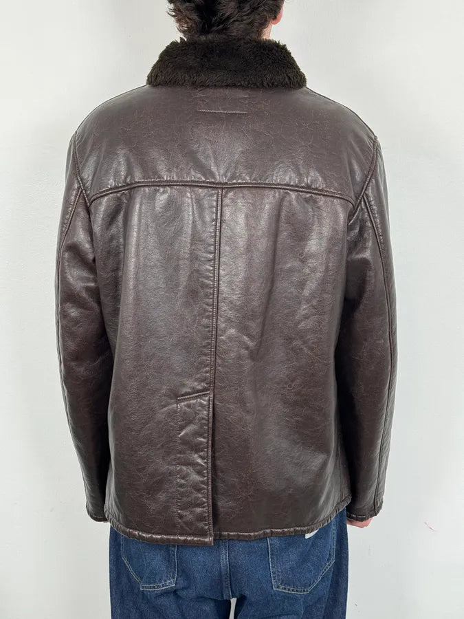Armani Brown Shearling Collar Faux Leather Buttoned Jacket RBBDHji 2