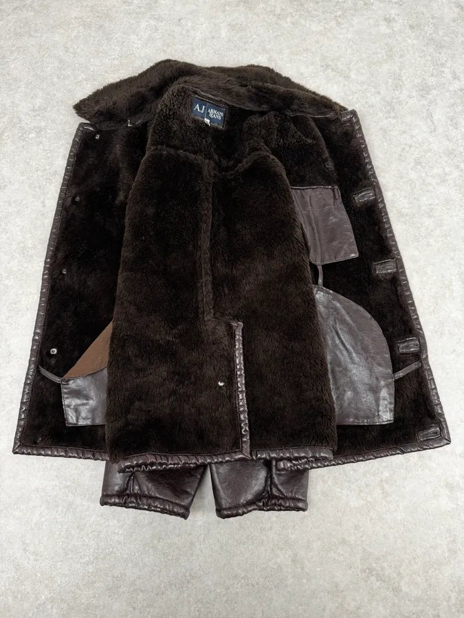 Armani Brown Shearling Collar Faux Leather Buttoned Jacket RBBDHji 6