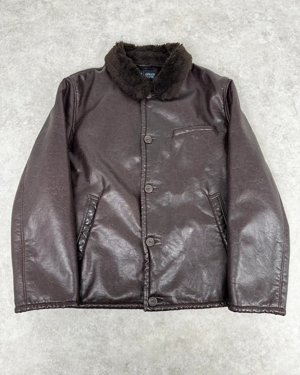 Armani Brown Shearling Collar Faux Leather Buttoned Jacket RBBDHji 0