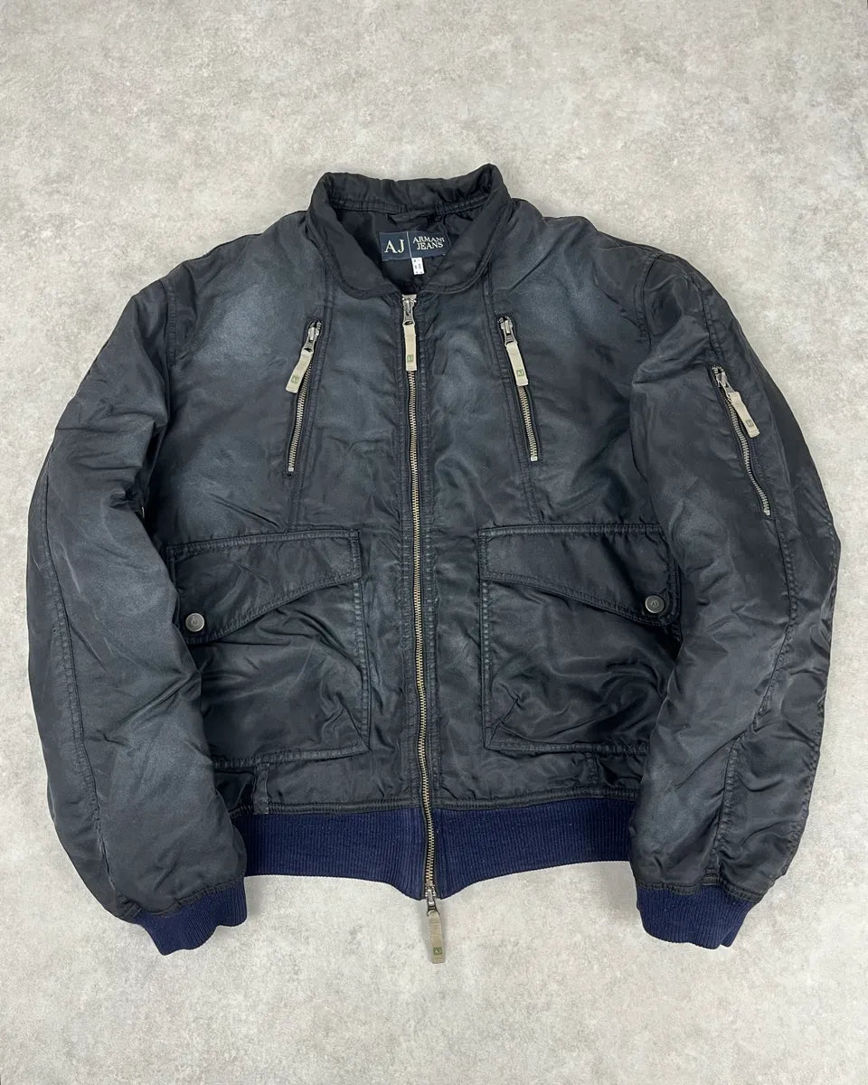 2000s Armani Faded Black Nylon Zip Multi-Pocket Bomber Jacket JmHnlIv 0