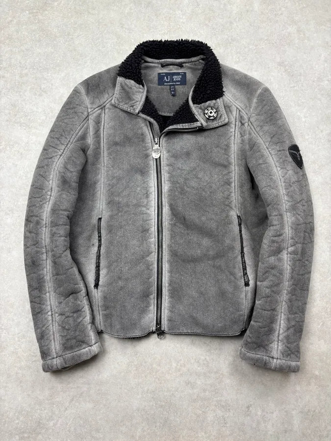 2000s Armani Grey Eroded Fleece-Lined Jacket SUbAwTX 0
