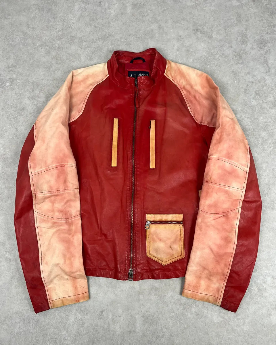 2000s Armani Red Two Tone Padded Biker Leather Jacket HThPutX 0