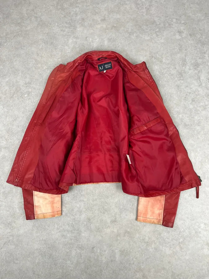 2000s Armani Red Two Tone Padded Biker Leather Jacket HThPutX 7