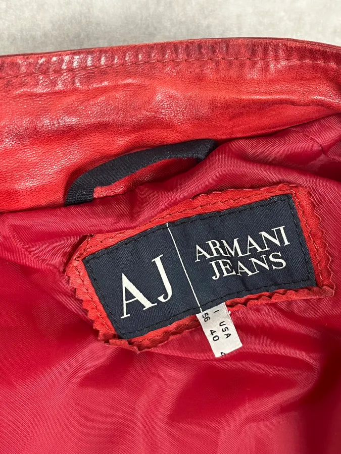 2000s Armani Red Two Tone Padded Biker Leather Jacket HThPutX 11