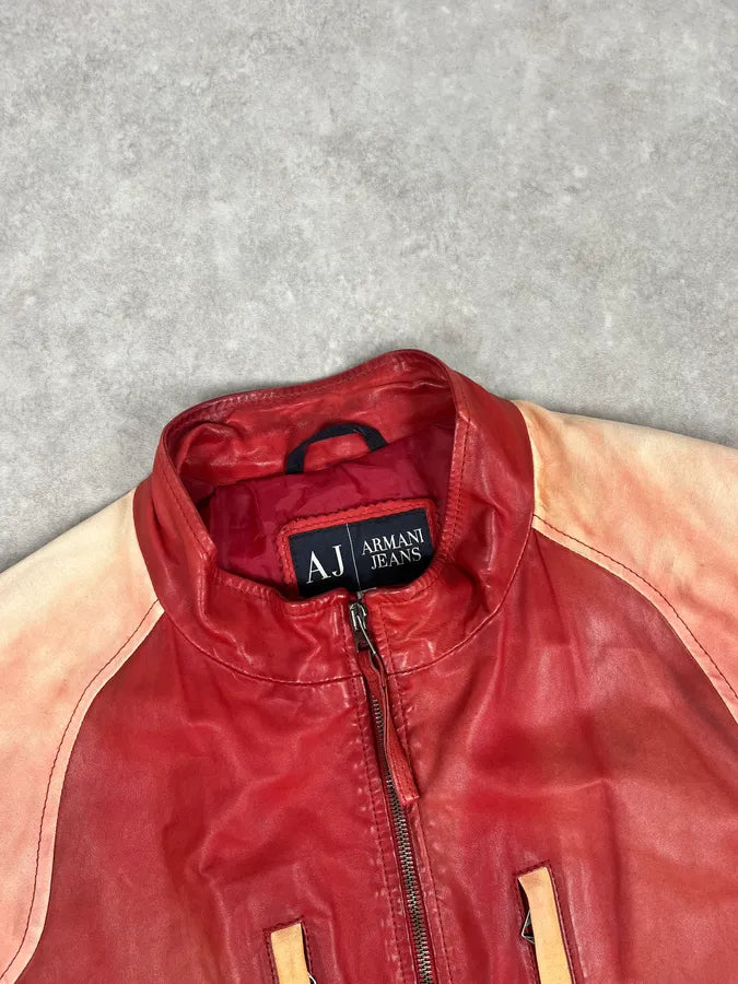 2000s Armani Red Two Tone Padded Biker Leather Jacket HThPutX 3