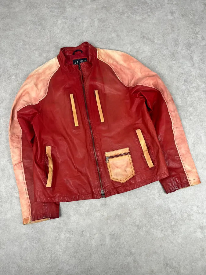 2000s Armani Red Two Tone Padded Biker Leather Jacket HThPutX 4