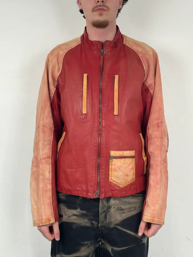 2000s Armani Red Two Tone Padded Biker Leather Jacket HThPutX 1