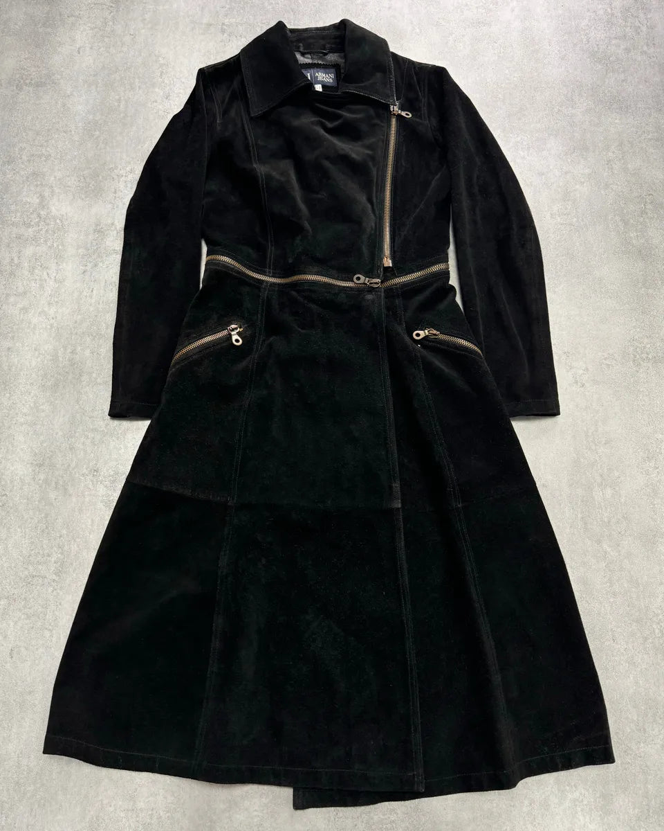 2010s Armani Multi-Zip Black Suede Leather Trench Coat ImZcvJL 0