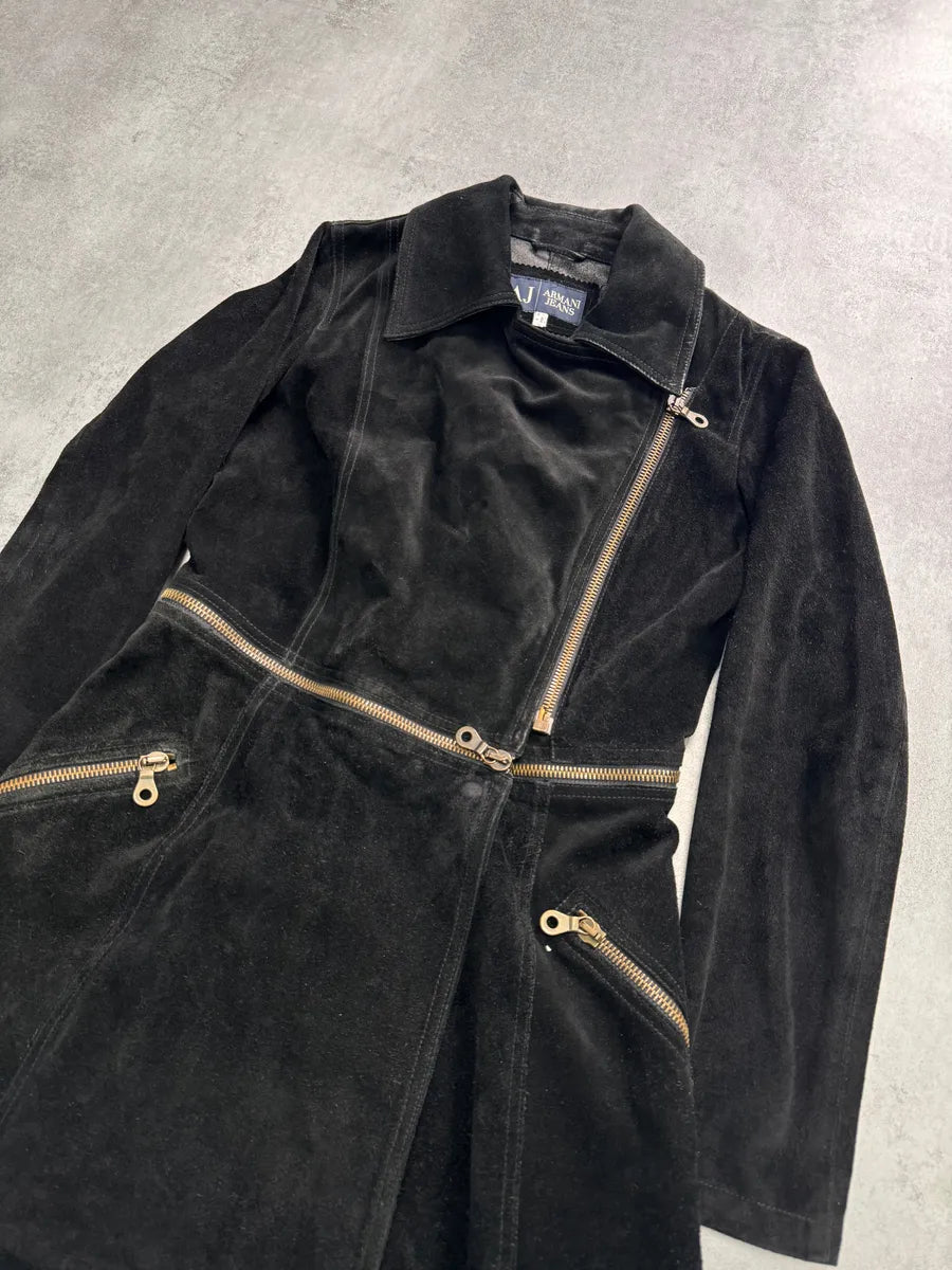 2010s Armani Multi-Zip Black Suede Leather Trench Coat ImZcvJL 2