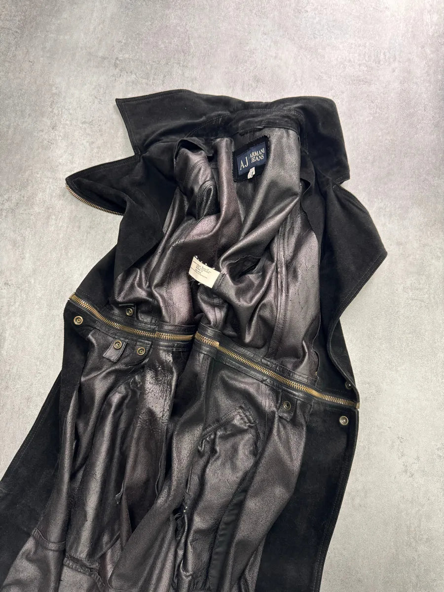 2010s Armani Multi-Zip Black Suede Leather Trench Coat ImZcvJL 7