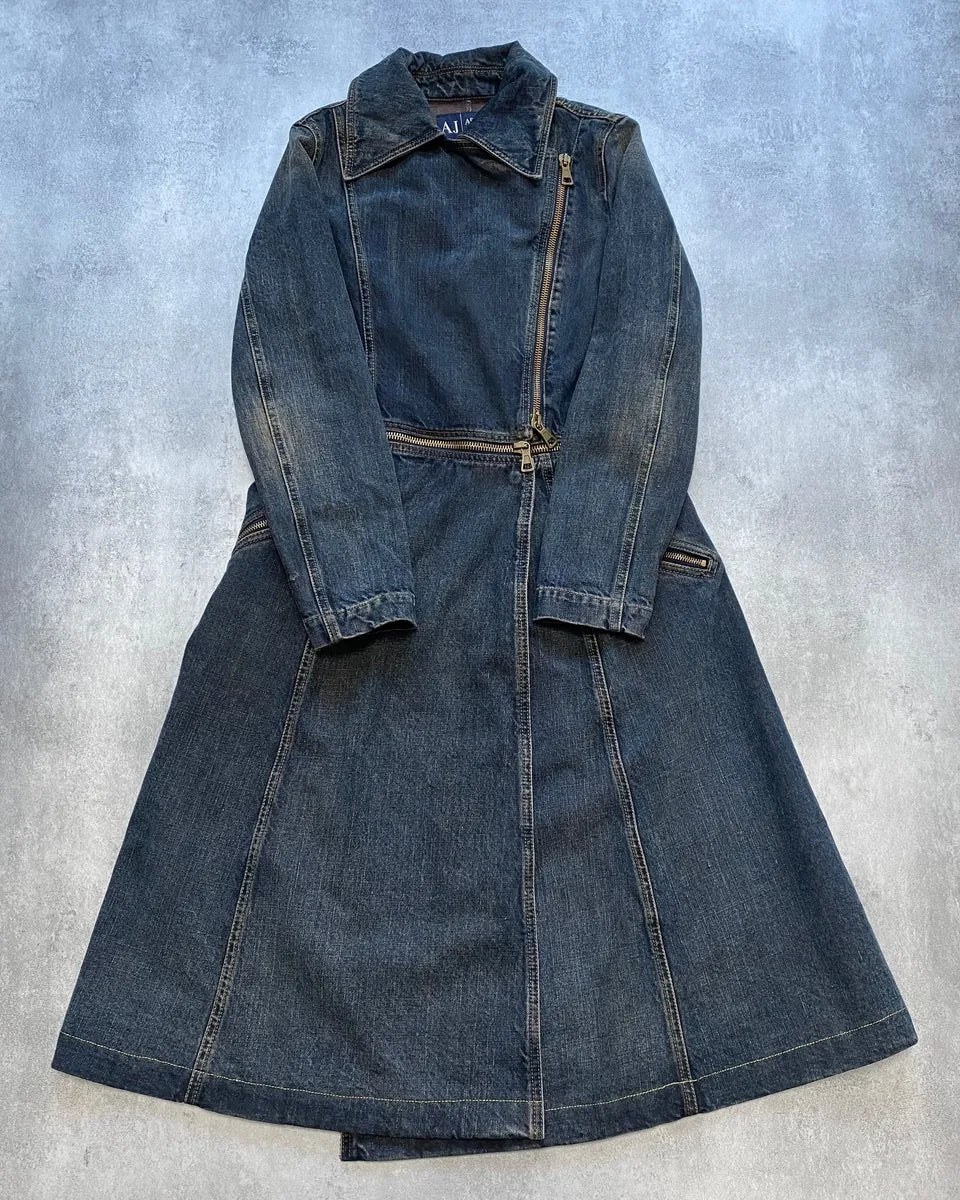 2000s Armani Blue Multi-Zips Denim Trench Coat RvTeqKo 0