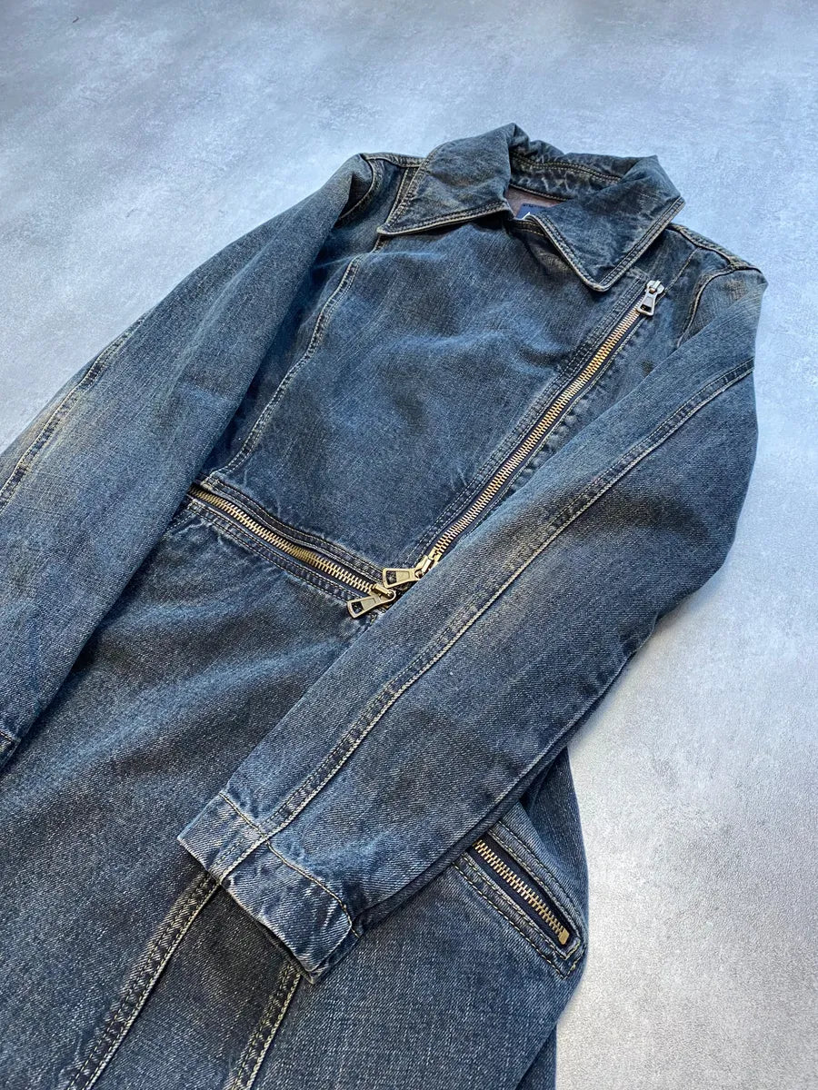 2000s Armani Blue Multi-Zips Denim Trench Coat RvTeqKo 3