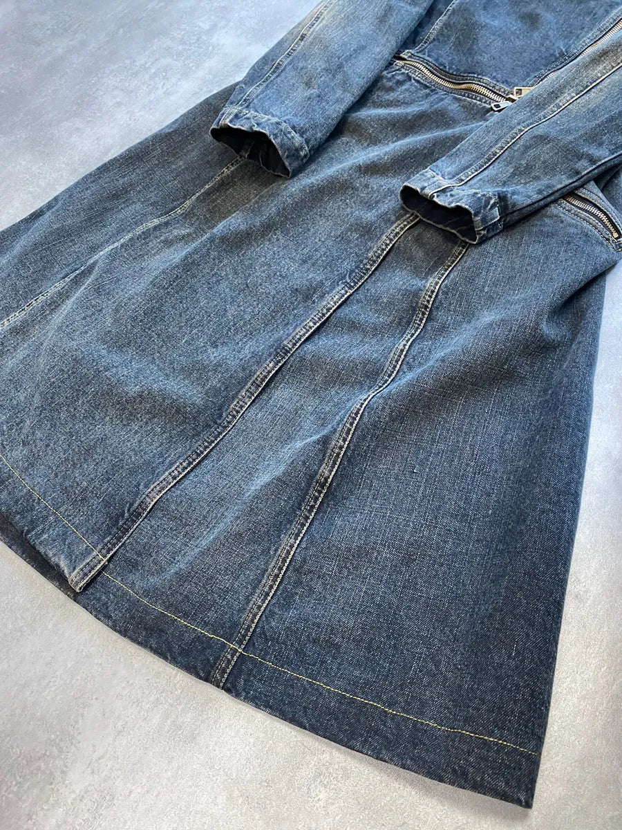 2000s Armani Blue Multi-Zips Denim Trench Coat RvTeqKo 4