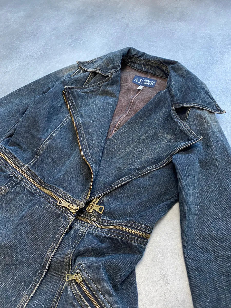 2000s Armani Blue Multi-Zips Denim Trench Coat RvTeqKo 4