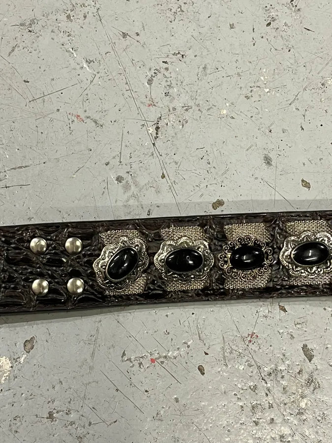 Artisanal Crocodile Effect Leather Studded Belt FQtPuaB 5