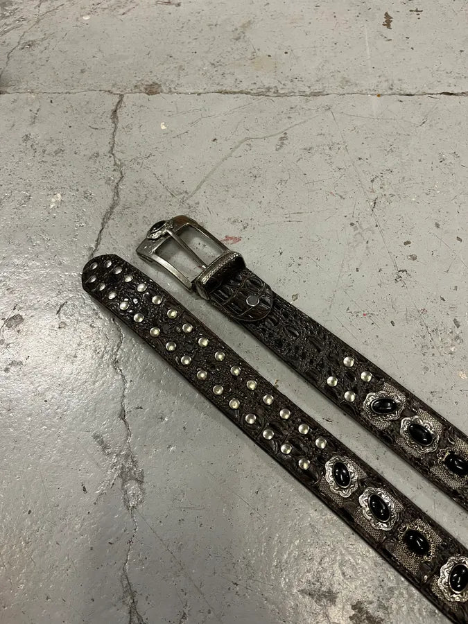 Artisanal Crocodile Effect Leather Studded Belt FQtPuaB 2