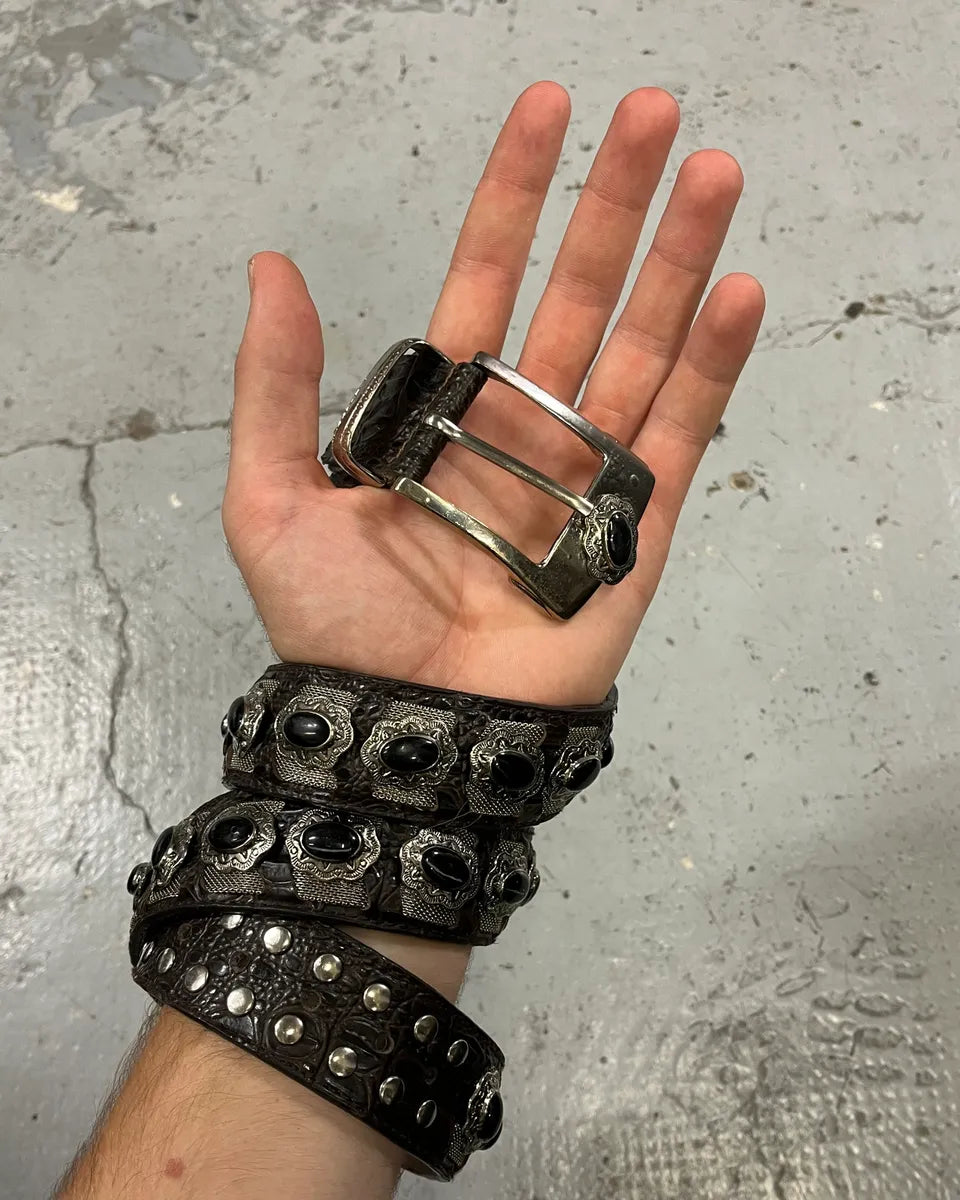 Artisanal Crocodile Effect Leather Studded Belt FQtPuaB 0