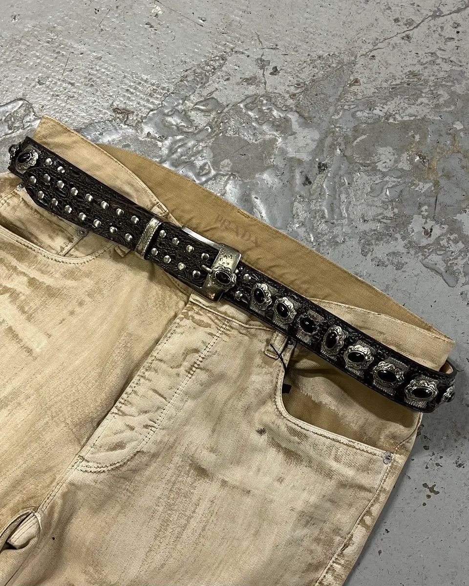 Artisanal Crocodile Effect Leather Studded Belt FQtPuaB 1