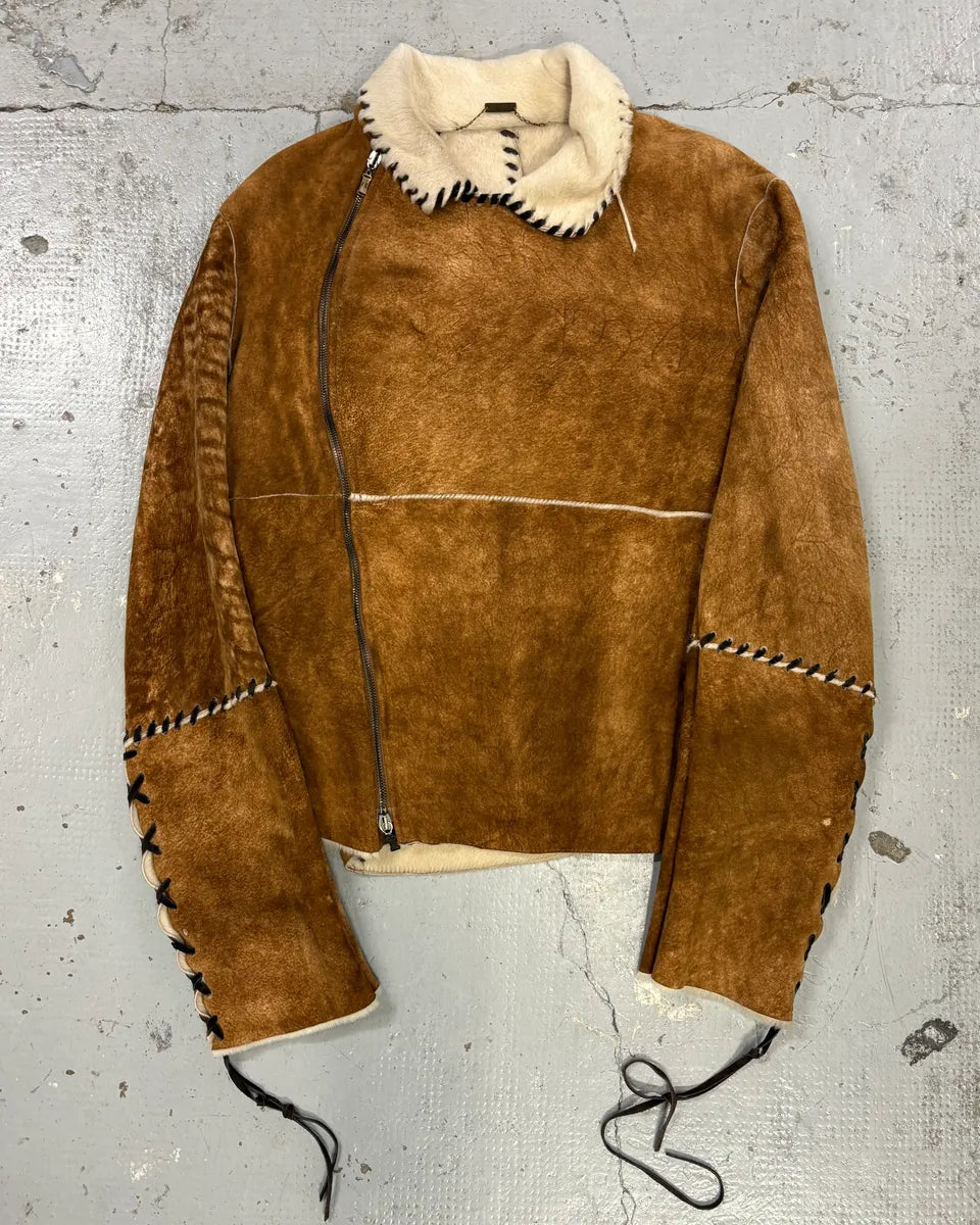 2000s Roberto Cavalli Brown Shearling Asymmetrical Leather Jacket PoCUTwg 0